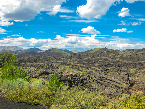 Landscape of the Craters of the Moon National Monument and Preserve between Twin Falls and Idaho Falls in Idaho, United States.