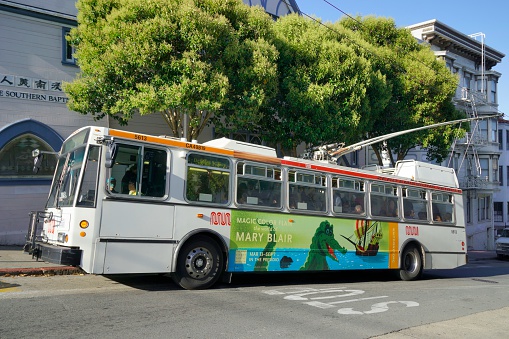 San Francisco, USA - May 29, 2014: People on a zero emissions city bus in San Francisco.