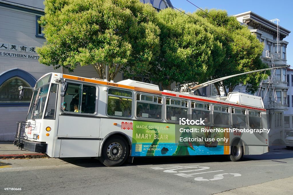 San Francisco Public Transit San Francisco, USA - May 29, 2014: People on a zero emissions city bus in San Francisco. Building Exterior Stock Photo