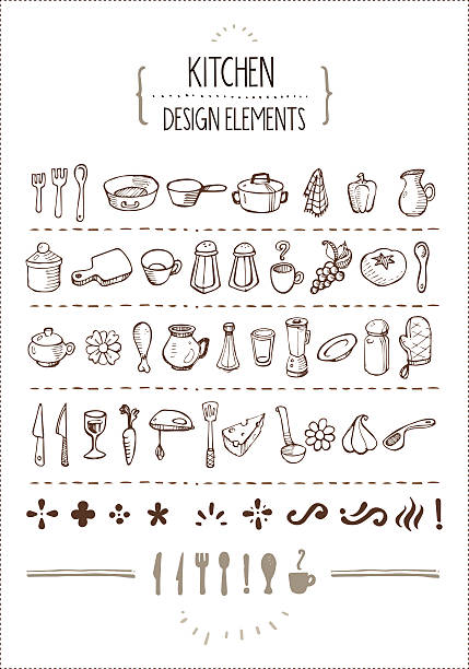 kuchnia tematyczne gryzmoły dla projektantów - spoon vegetable fork plate stock illustrations