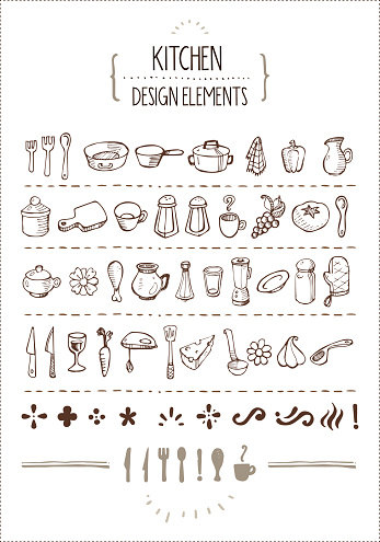 Several hand-drawn kitchen utensils icons and extra design elements. Perfect for restaurant menus, cooking books, recipes and such.
