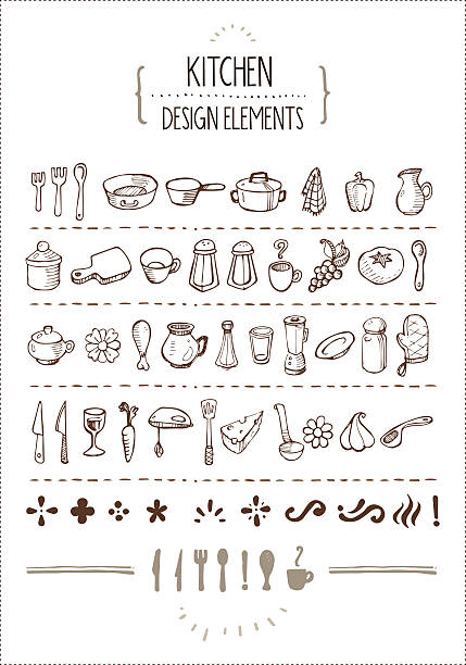 Kitchen Themed Doodles for Designers Several hand-drawn kitchen utensils icons and extra design elements. Perfect for restaurant menus, cooking books, recipes and such. cooking utensil domestic kitchen kitchen utensil chef stock illustrations