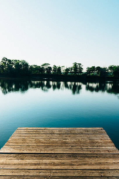 istock Pier on lake and forest on horizon in sunset 497182441
