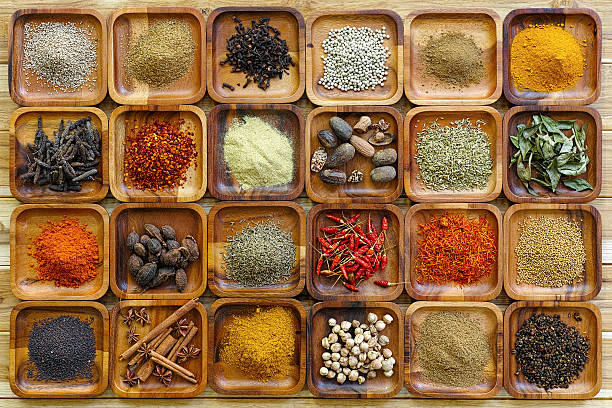 Indian spices in wooden trays.