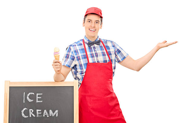 istock Male ice cream seller gesturing with hand 497185549