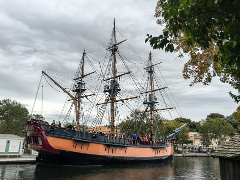 Anaheim, CA, USA - November 15, 2015: The Sailing Ship Columbia, located at Disneyland is a full-scale replica of Columbia Rediviva, the first American ship to circumnavigate the globe.