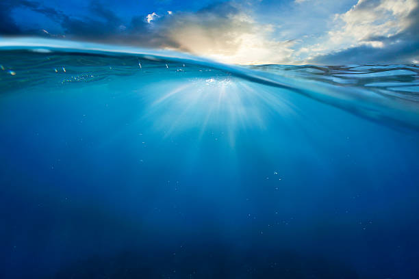 ocean meio de água com céu ao pôr-do-sol - debaixo dágua - fotografias e filmes do acervo