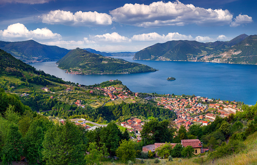 View of the city Marone, a bright sunny day. Italy, the Alps, Lake Iseo.
