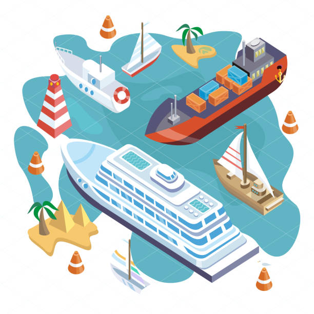 Isometric Set Ships. Sea Transport 3d isometric set ships. Sea transport. Island and buoy, motorboat and containership, cruise and tanker, cargo shipping, boat transportation, ocean and vessel on white background symbol icon set business downloading stock illustrations