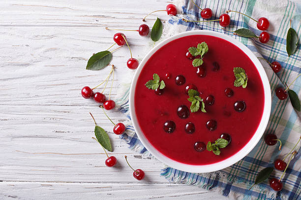 istock Hungarian cold cherry soup on the table. Horizontal top view 497186840