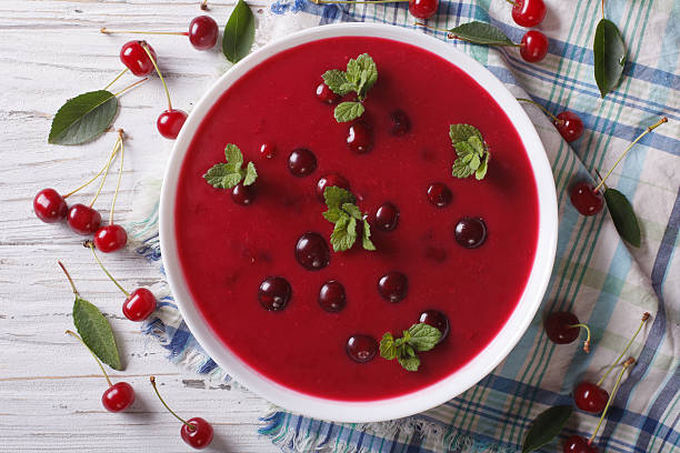 cherry cream soup with mint close-up. Horizontal top view