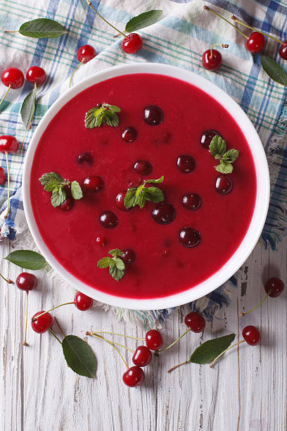 istock cherry cream soup with mint close-up. vertical top view 497187496