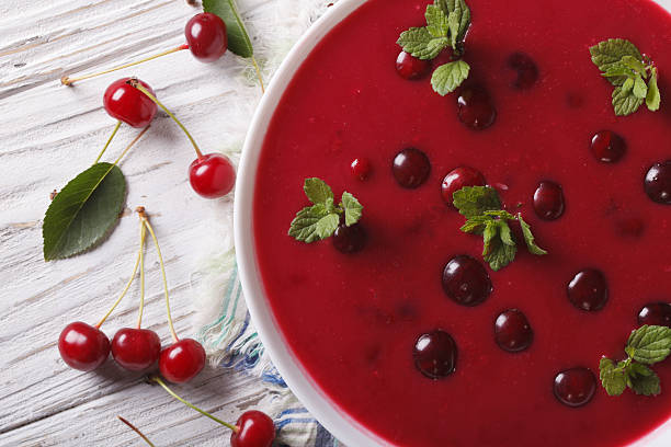 istock cold cherry soup in a bowl close-up. Horizontal top view 497188414