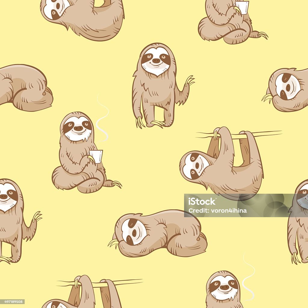 Pattern with sloths. Vector seamless pattern with cute cartoon  sloth  on yellow  background. Laziness stock vector