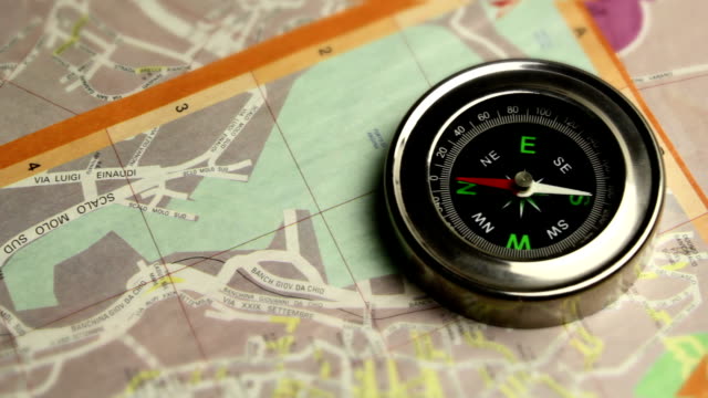 The compass indicates the right path on map of city in italy