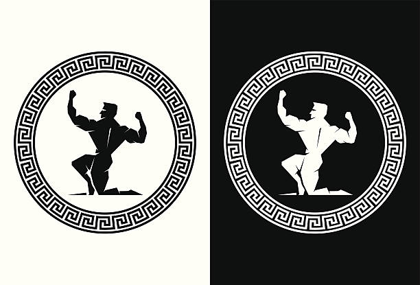 Bекторная иллюстрация Hercules внутри греческий ключ, вид сзади