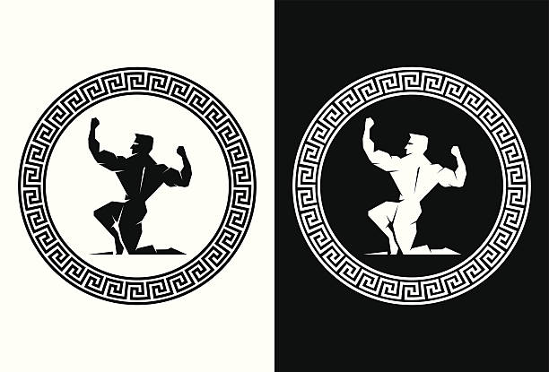 Hercules inside a Greek Key back view Illustration of Hercules inside a Greek Key back view background of the zeus the greek god stock illustrations