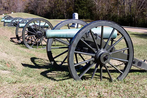 Row of cannons in the battlefield  in Vicksburg National Military Park in Vicksburg, Mississippi