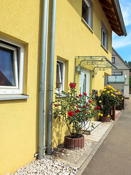 istock View private home front with rose bushes, windows and roof. 497203645