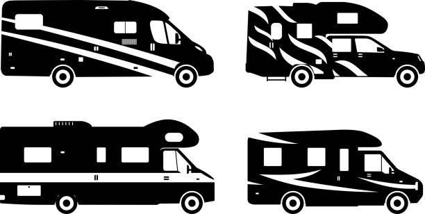 ilustraciones, imágenes clip art, dibujos animados e iconos de stock de conjunto de siluetas de diversos caravana caravanas. - rv