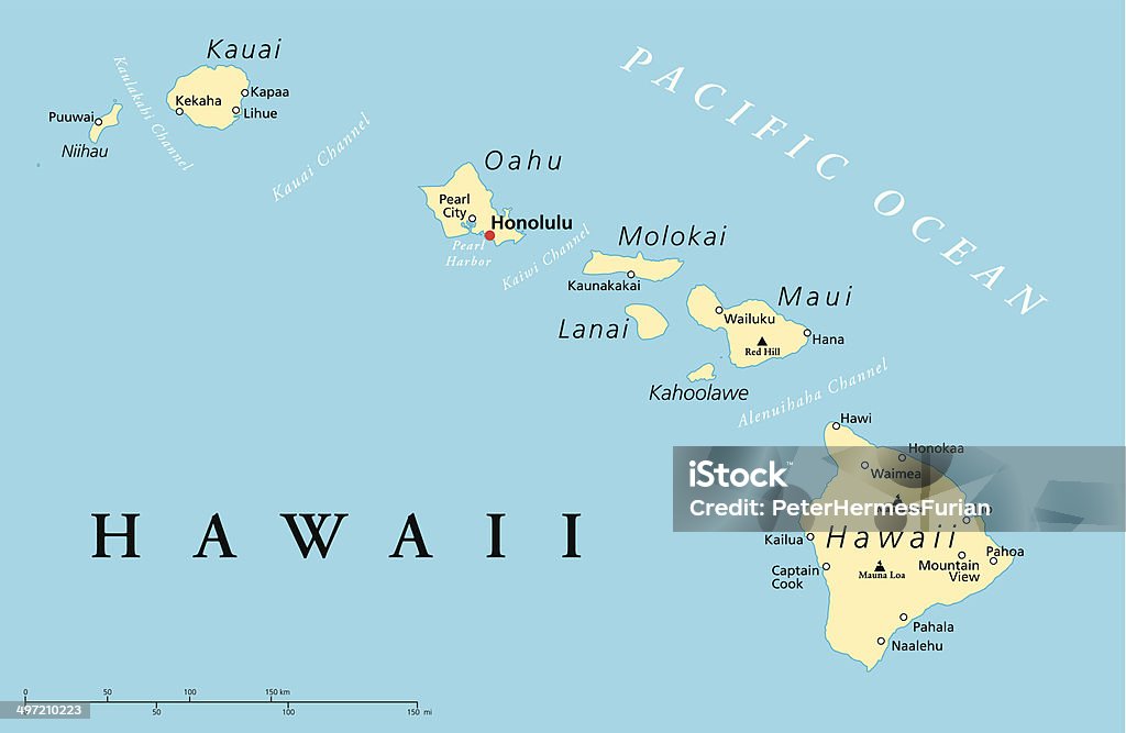 Hawaii Islands Political Map Political map of Hawaii islands with capital Honolulu, most important cities and volcanoes. Vector illustration with English labeling and scaling. Hawaii Islands stock vector