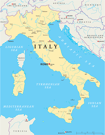 Political map of Italy with capital Rome, the Vatican and San Marino, with national borders, most important cities, rivers and lakes. Vector illustration with English labeling and scaling.