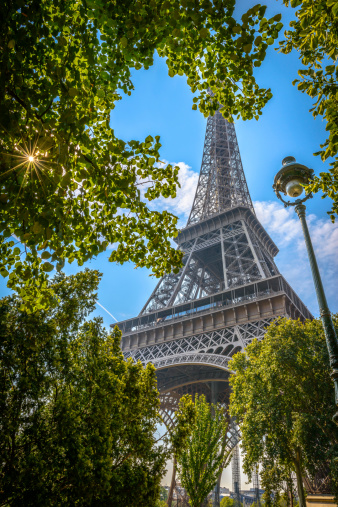 Eiffel Tower view through some trees in a summer clear day in Paris, France