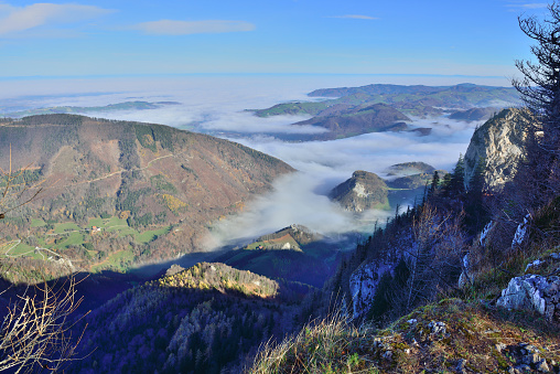 Northern Limestone Alps in Upper Austria with autumn fog.