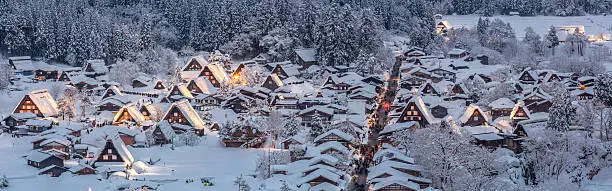 Shirakawago light-up with Snowfall Gifu Chubu Japan Panorama