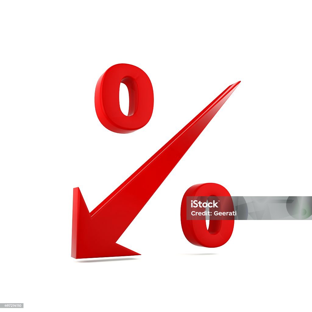 Low interest rate 3D render percent icon which the arrow heading low, conceptual image represent low rate Lowering Stock Photo