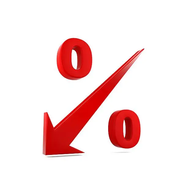 3D render percent icon which the arrow heading low, conceptual image represent low rate