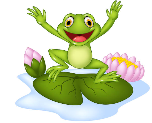 comic glücklicher frosch springen auf ein water lily - frog jumping pond water lily stock-grafiken, -clipart, -cartoons und -symbole