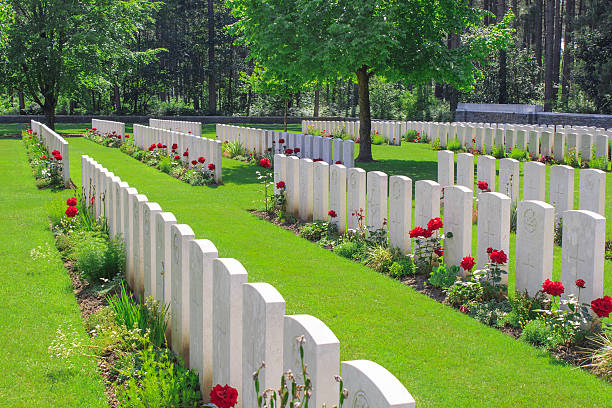 Romagne-sous-Montfaucon, France - May 17, 2014: The Meuse-Argonne American Cemetery and Memorial, located east of the village of Romagne-sous-Montfaucon in the Meuse department of France, is home to 14,246 graves, making it the cemetery with the largest number of American military dead in Europe. Those buried here died in 1918 during World War I.