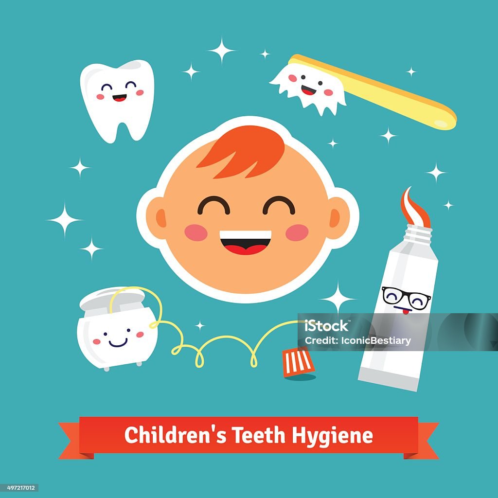 Children tooth hygiene icon set Children tooth hygiene icon set. Happy baby with healthy teeth, dental floss, toothpaste and toothbrush. Flat style cartoon vector icons. Child stock vector