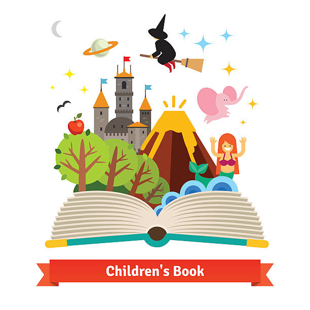 ilustrações, clipart, desenhos animados e ícones de imaginação de vir à vida de crianças de conto de fadas - book open picture book fairy tale