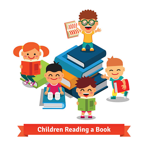 Learning children and education concept Learning children and education concept. Happy smiling kids exploring big books full of knowledge. Flat style vector concept illustration. kids reading clipart stock illustrations