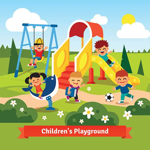 Vector illustration of Kids playing on playground. Swinging and sliding