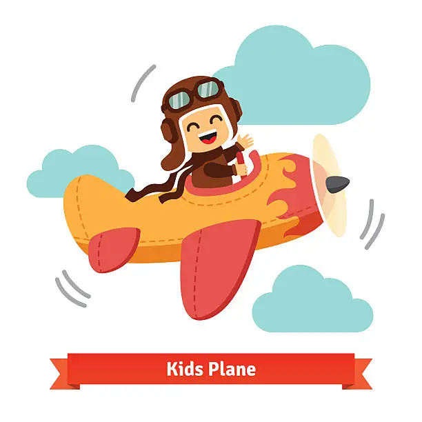 Vector illustration of Happy smiling kid flying plane like a real pilot