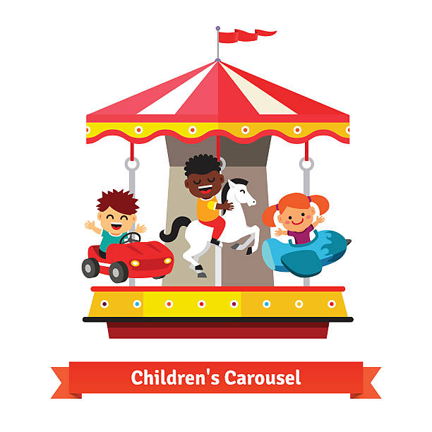 Kids having fun on a carnival carousel Kids having fun on a carnival carousel. Boys and girl riding on toy horse, plane and car whirligig. Flat vector cartoon illustration isolated on white background. colorful paper windmill toy stock illustrations