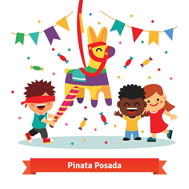 ilustrações de stock, clip art, desenhos animados e ícones de crianças a celebrar posada quebrando pinhata - vector excitement white red