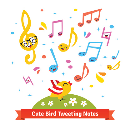 Cute bird tweeting and singing happy cartoon musical notes standing on a green meadow. Flat vector illustration isolated on white background.