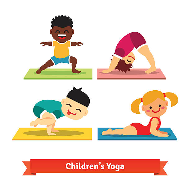 ilustraciones, imágenes clip art, dibujos animados e iconos de stock de niños haciendo yoga plantea en las alfombras coloridas - yoga posture dog cobra