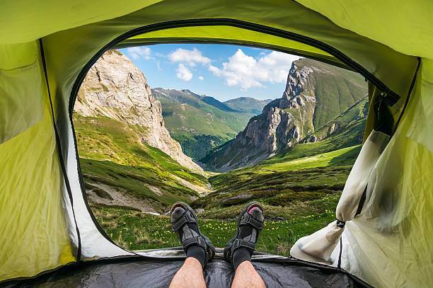 istock View from inside a tent on the beautiful grassy valley 497225470