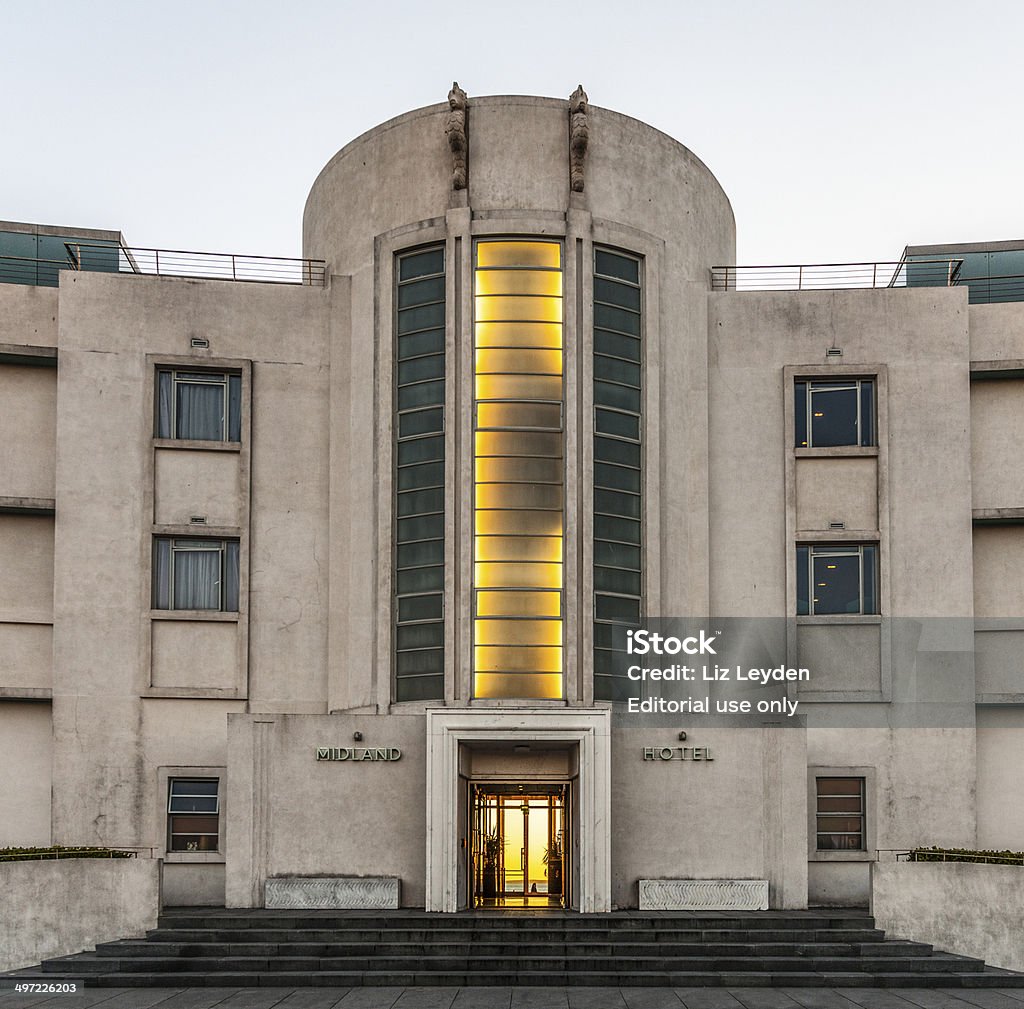 Midland Hotel, Morecambe, England Morecambe, England, UK - 21st May, 2014: The rear entrance of the  Midland Hotel, Morecambe, Lancashire, England. The Art Deco Hotel was opened in 1933. Architecture Stock Photo