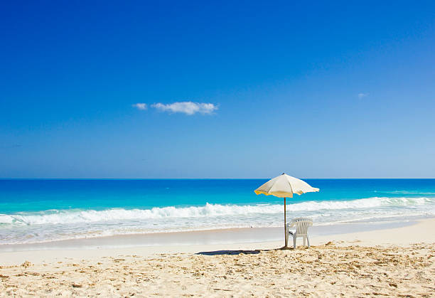 istock BEACH CHAIR AND UMBRELLA ON IDYLLIC TROPICAL SAND 497228533