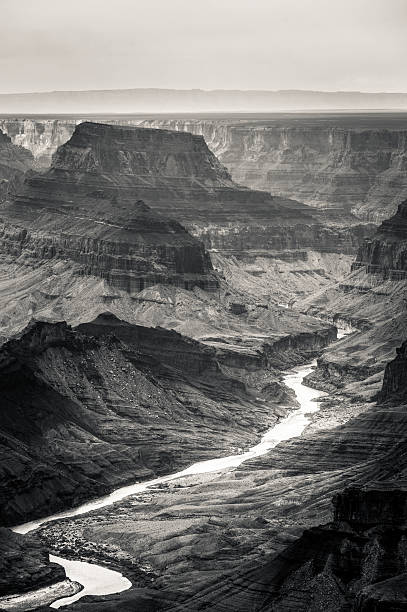 Grand Canyon and Colorado River, Black and White, USA Landmark Grand Canyon landscape and colorado river colorado river photos stock pictures, royalty-free photos & images
