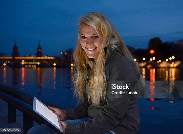 Woman With Tablet Pc At Night Stock Photo - Download Image Now - Adolescence, Adult, Beautiful People