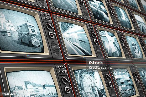 Wall Of Old Tv Screens Stock Photo - Download Image Now - Television Industry, Retro Style, Old-fashioned