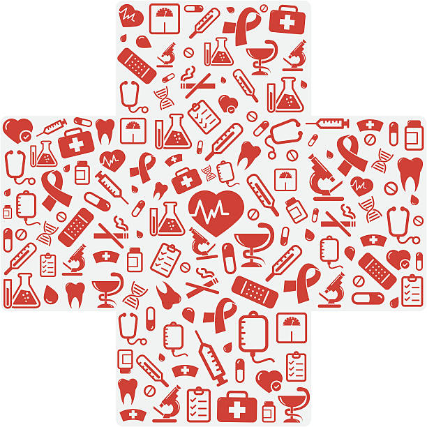 ilustraciones, imágenes clip art, dibujos animados e iconos de stock de cruz con iconos de médicos - vitamin pill science symbol human heart