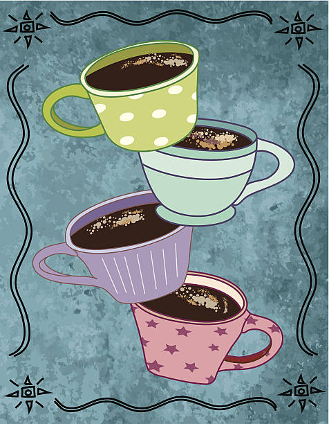 kaffeetassen gestapelte wobbly mit heißen getränk am blauen grunge - hot chocolate coffee isolated on white cup stock-grafiken, -clipart, -cartoons und -symbole